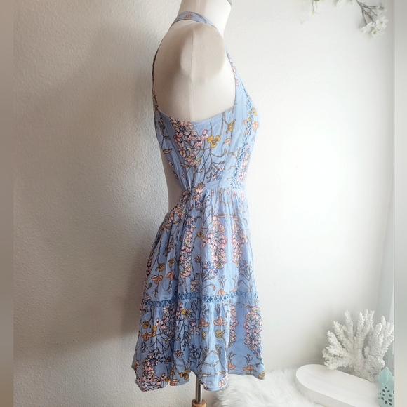 ABEL THE LABEL BLUE FLORAL FIT & FLARE JAASE BACKLESS HALTER MINI DRESS SZ SMALL - Picture 13 of 16